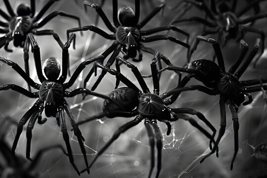 Spiders background. Halloween decorations. Spider background. . Flat lay, top view. Captivating Arachnid Surrealist Spider s Intricate Web Patterns in Moody Darkness Showcasing the Delicate Silk Stran
