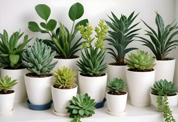 Various potted green plants and herbs, including a small tree, succulents, and leafy plants, all in white pots against a white background