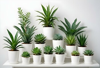 Various potted green plants and herbs, including a small tree, succulents, and leafy plants, all in white pots against a white background