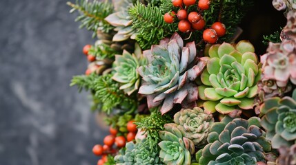 Succulents and Red Berries in a Festive Arrangement