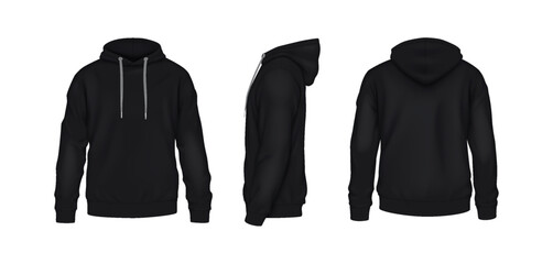 Black sportive hoodies with copy space realistic vector illustration set. Cozy clothing with design mockup 3d models on white background