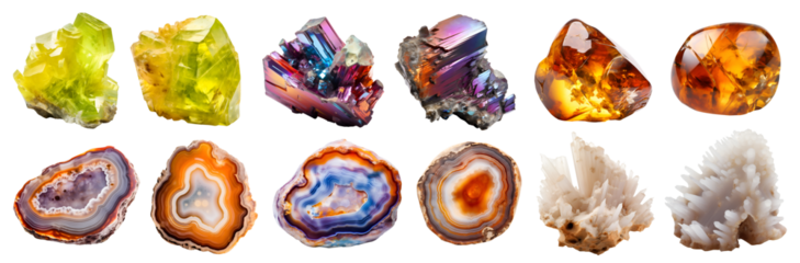 Collection set of gemstone mineral rocks crystal semi-precious stones, on transparent cutout PNG. Brazilianite, bornite, agate, albite, amber. Many different style. Mockup template for artwork design