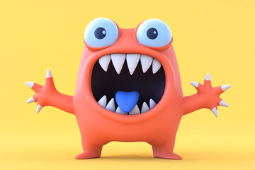 A cartoonish red monster with big round eyes, fangs, and a blue tongue sticking out, standing against a solid yellow background.