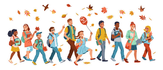 Happy students going to school flat color vector illustration. Children with schoolbags under falling autumn leaves cartoon composition on white