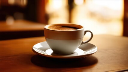 Cup of coffee sitting on a saucer, on a table, cozy cafe background