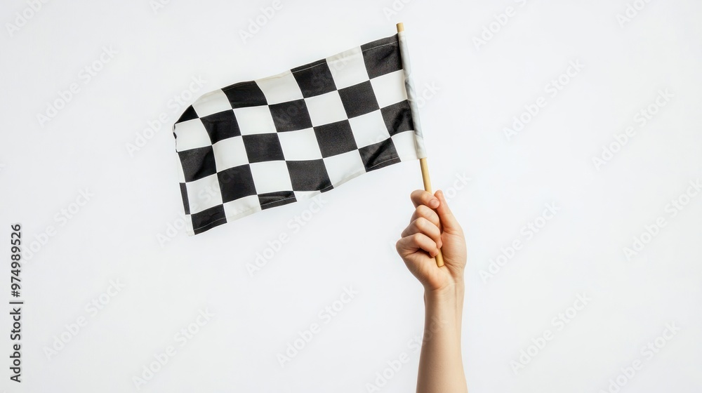 Wall mural flag in hand with black and white checkered pattern fluttering in the wind on a clean white backgrou