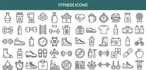 Fitness Icons: Dumbbells, running shoes, yoga mats, water bottles, and stopwatches. and transparent background
