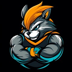 Powerful grey cat mascot with orange and teal accents, standing with arms crossed, ready for action.
