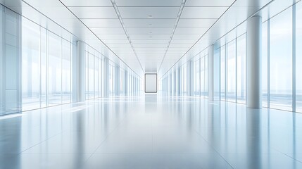 Obraz premium Empty billboard placed in the center of a spacious, minimalist floor, with a bright background ready for mock-up designs