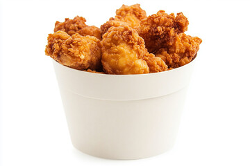 A paper bucket filled with fried chicken pieces, isolated on a white background