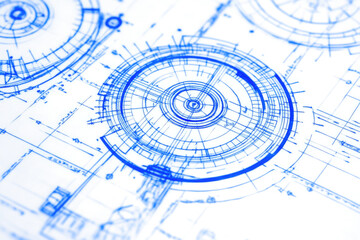 A detailed technical blueprint with circular designs and precise measurements, showcasing the complexity of mechanical engineering.