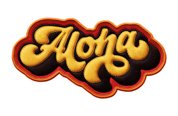 Word ‘Aloha’ written in retro script font with puff embroidery patch effect isolated on transparent background. 3D rendering © HTGanzo