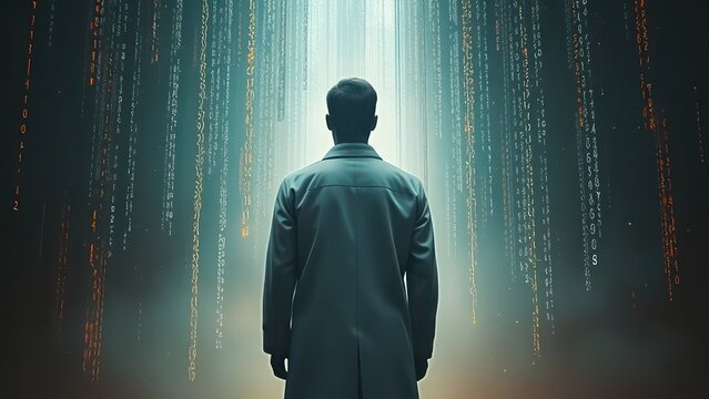 a man in a white coat stands in the center of the room, numbers and DNA chains fly around him