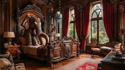 Elevate Your Space: Luxurious Bedroom with Intricate Elephant Sculpture and Rich Wooden Tones - Perfect Poster for Exotic D&eacute;cor Inspiration