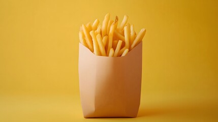 French fries in a craft bag on a colored background. Fried Potato in paper bag. Unhealthy fastfood.  AI generation