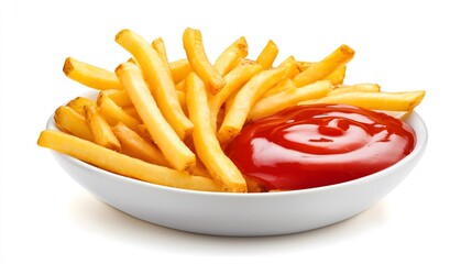 Hot fresh crispy golden colored French fries on a plate with ketchup. Unhealthy fastfood isolated on a white background. AI generation