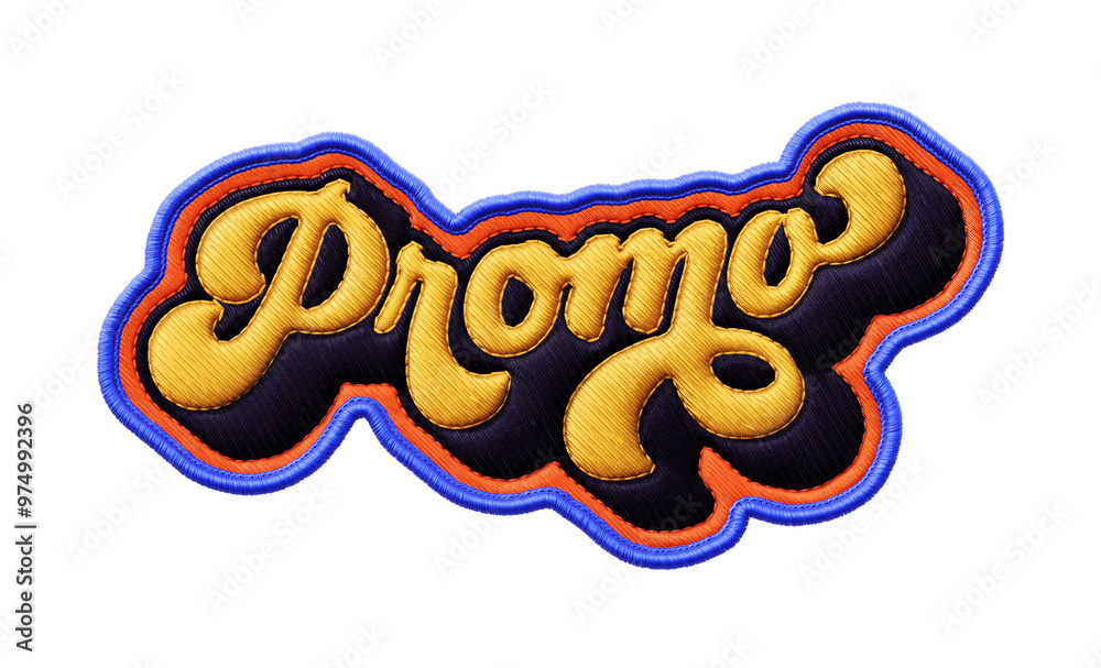 Fototapete word ‘promo’ written in retro script font with puff embroidery patch effect isolated on transparent 