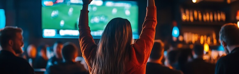 Woman cheering at sports bar, watching game on TV with friends. Concept of sports, bar, fan, celebration, excitement.
