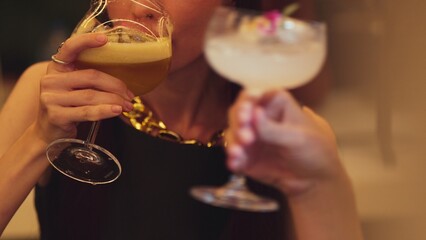 Enjoy drinking beautiful woman mixed vodka cocktails at luxurious counter bar toasting with friends scene capture essence nightlife luxury with special highlighting refreshment friendship. Vinosity.