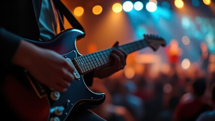 Obraz premium Music holiday composition with close up electronic guitar on blurred concert background with bokeh effect