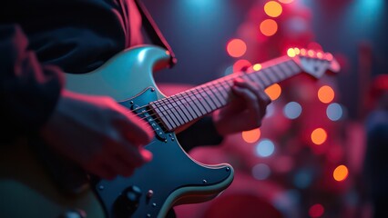 Fototapeta premium Music holiday composition with close up electronic guitar on blurred concert background with bokeh effect