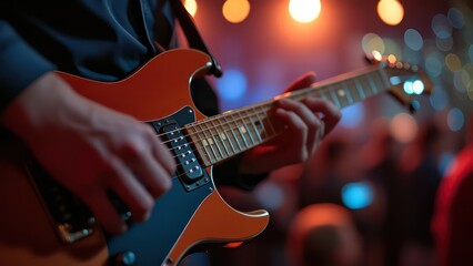 Naklejka premium Music holiday composition with close up electronic guitar on blurred concert background with bokeh effect