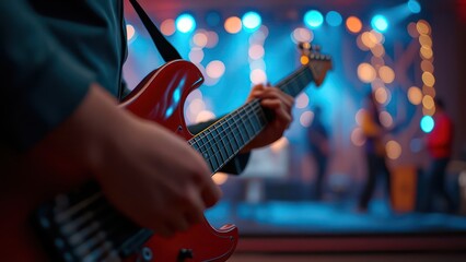 Obraz premium Music holiday composition with close up electronic guitar on blurred concert background with bokeh effect