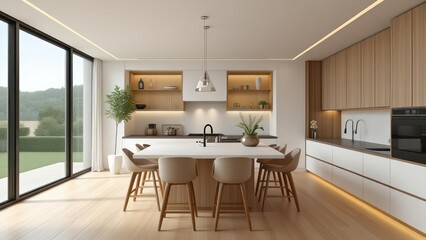 Fototapeta premium Kitchen interior in beautiful new luxury home with kitchen island and wooden floor, bright modern minimal style, with copy space