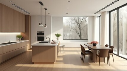 Fototapeta premium Kitchen interior in beautiful new luxury home with kitchen island and wooden floor, bright modern minimal style, with copy space