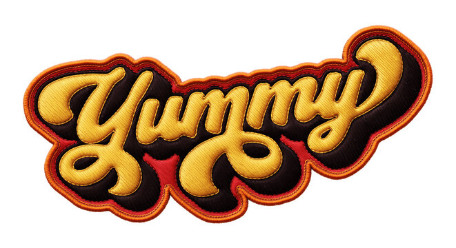 Word &lsquo;Yummy&rsquo; written in retro script font with puff embroidery patch effect isolated on transparent background. 3D rendering