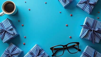 Obraz premium Vibrant blue flat lay with coffee, eyeglasses, and striped gift boxes - ideal for Fathers Day holiday theme