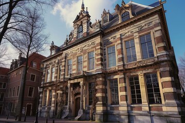 Fototapeta premium Traditional dutch architecture building with ornate details and large windows standing tall in amsterdam, netherlands