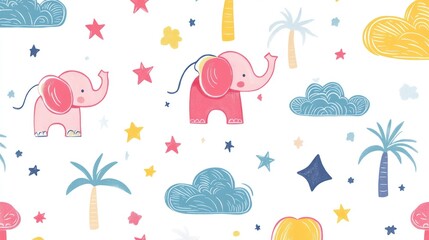 Adorable little elephant pattern design with cute scribble elements like clouds, stars and palm tree background, in rainbow colors highlights the playful nature of this little elephant