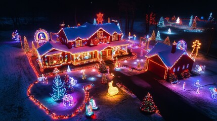 A winter home lavishly decorated with Christmas lights