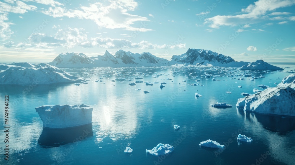 Poster arctic landscape with icebergs and mountains