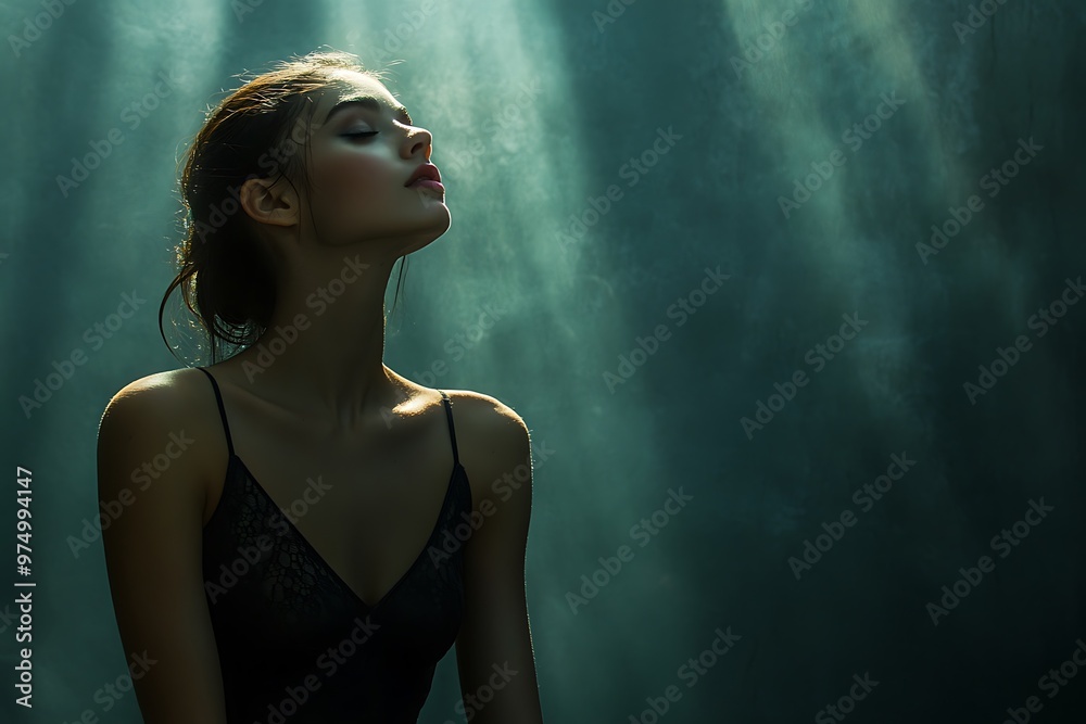 Poster Mystical Portrait of a Woman in the Forest with Sun Rays