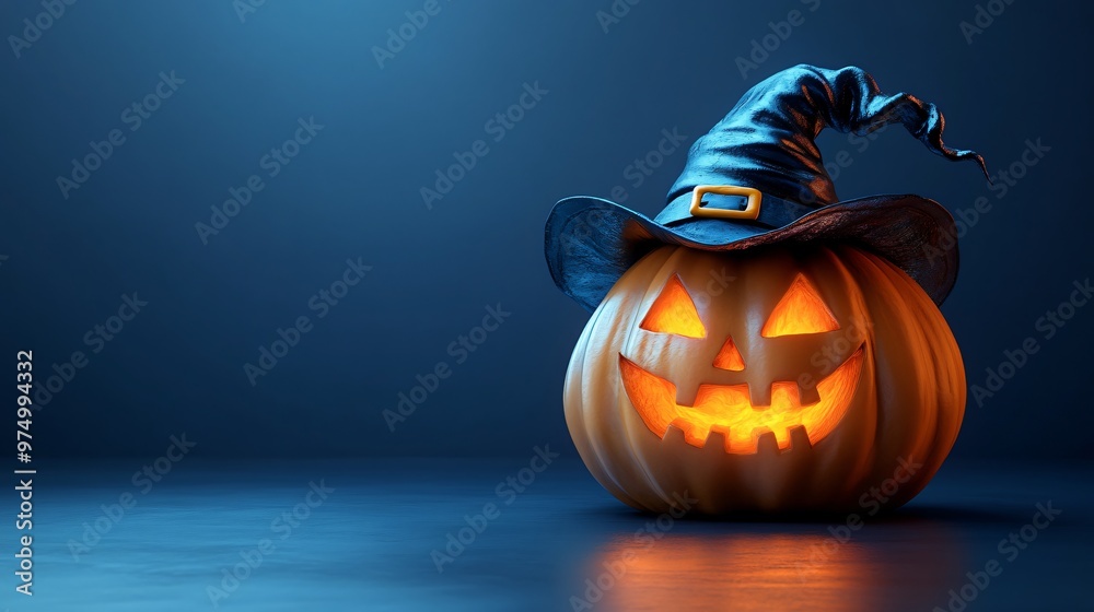 Wall mural jack-o'-lantern in with hat on blue background with copy space