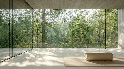 modern yoga studio with a forest view