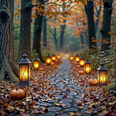 Autumn Halloween Path. Lanterns line a leaf-strewn walkway.