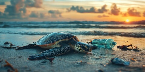 Obraz premium A sea turtle lies on a beach at sunset with a plastic bottle nearby.