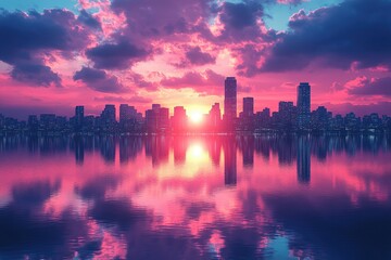 Fototapeta premium Vivid sunset reflecting on a cityscape