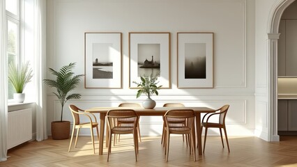 Scandinavian interior of dining room, trio of prints, light wood frames, off-white wall, classic parquet floor