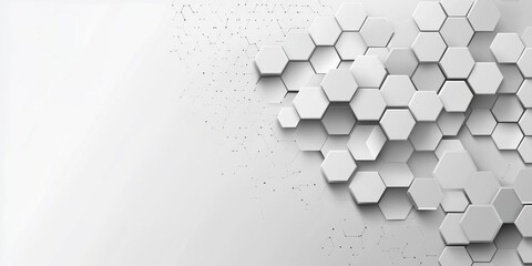 Abstract white background with 3D hexagonal shapes, arranged in a modern geometric pattern with soft shadows and a subtle light grey gradient for a clean look.