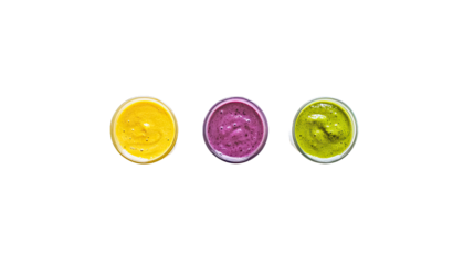 Three colorful smoothies ready to go.