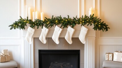 White Christmas Stockings Hanging on a Fireplace Mantel