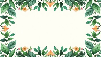 botanical garden-themed card, featuring a variety of green leaves, watercolor flowers, a delicate frame