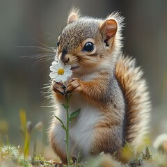 Obraz premium Cute squirrel holding a daisy flower, adorable wildlife, nature photography