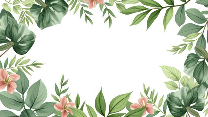 botanical garden-themed card, featuring a variety of green leaves, watercolor flowers, a delicate frame