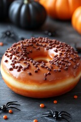 Halloween donuts: Orange glazed Halloween donuts with plastic spooky spider and or bat decorations surrounding, on slate surface. Seasonal doughnut.