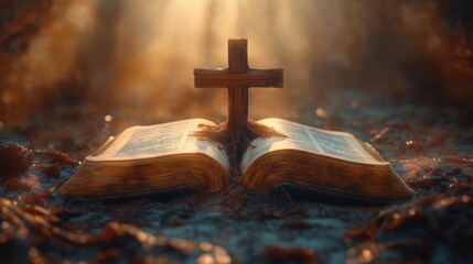 Open Bible with a Wooden Cross Growing from Its Pages in Warm Sunlight